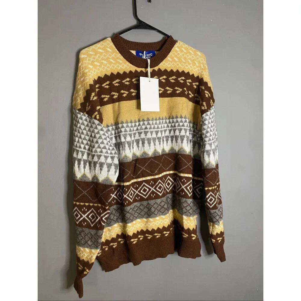 Aelfric Eden Sweater Mens Extra Large Bown Yellow Geometric Grandpa Dad NWT